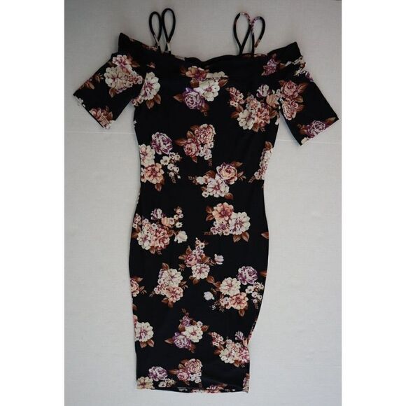 Haute Monde Women's Sz Small Black Floral Cold Shoulder Sheath Midi Dress - Picture 6 of 6